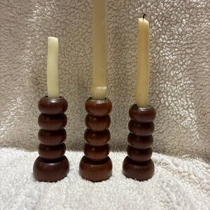Set of 3 Wooden Bobbin Candle Holders (candles not included)